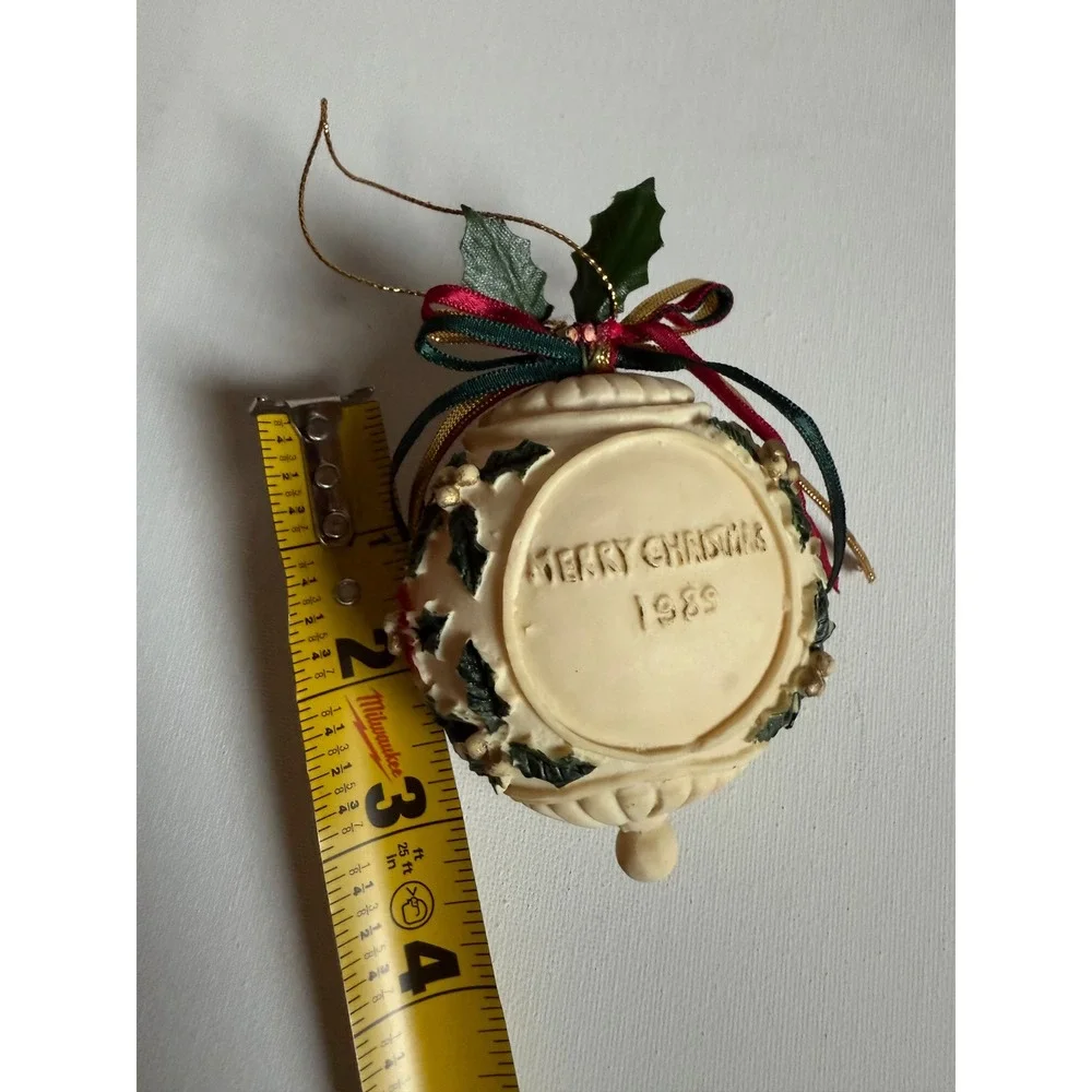 Vintage 1989 Merry Christmas Ornament Poinsettia Holly Ribbon Commemorative 3in